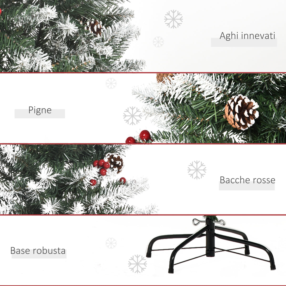 HOMCOM 150cm Artificial Snow-Covered Christmas Tree with Red Berries and White Pine Cones, Removable Folding Base, 408 Branches