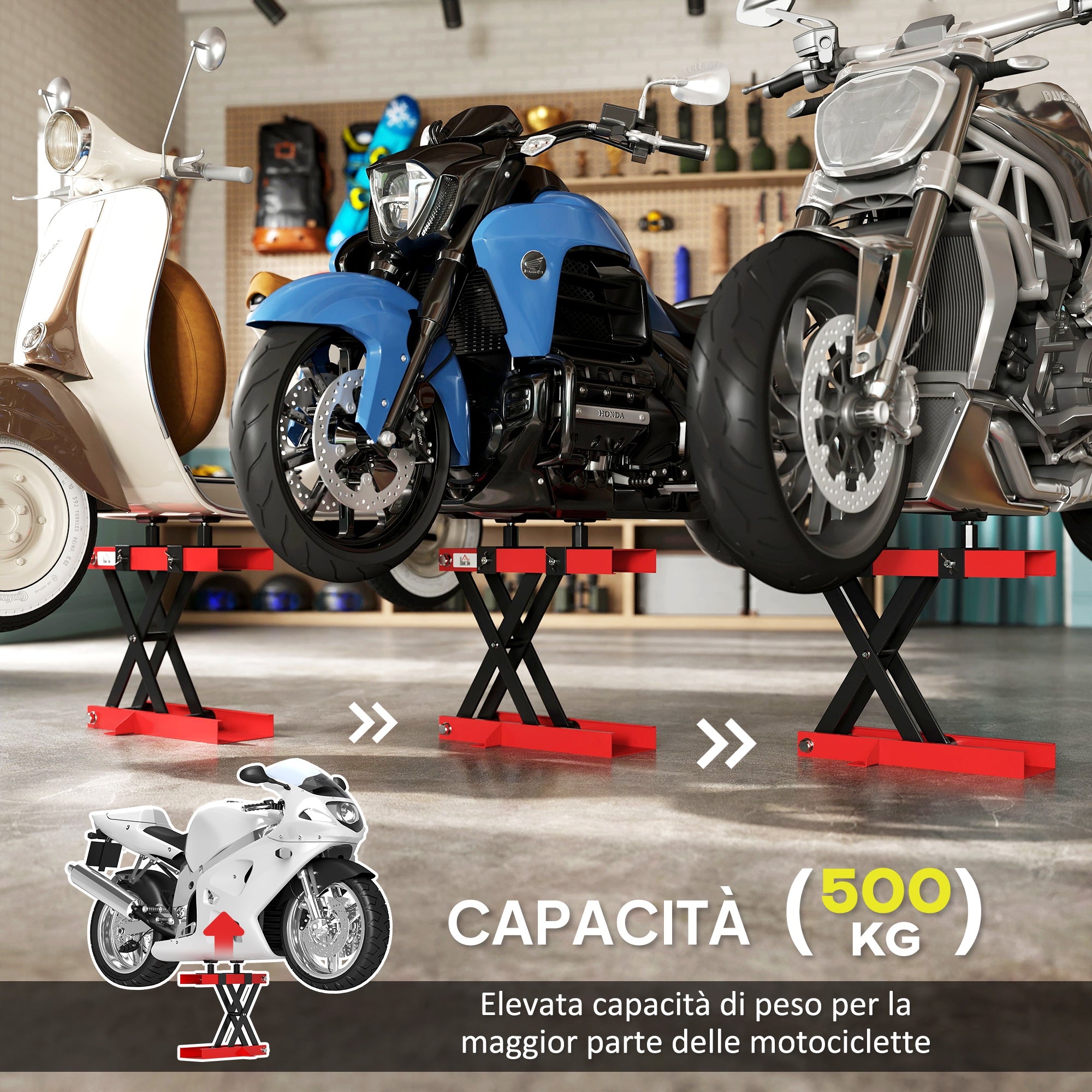 Steel Motorcycle Lift Stand Capacity 500kg, Foldable with Adjustable Height and Crank, Red