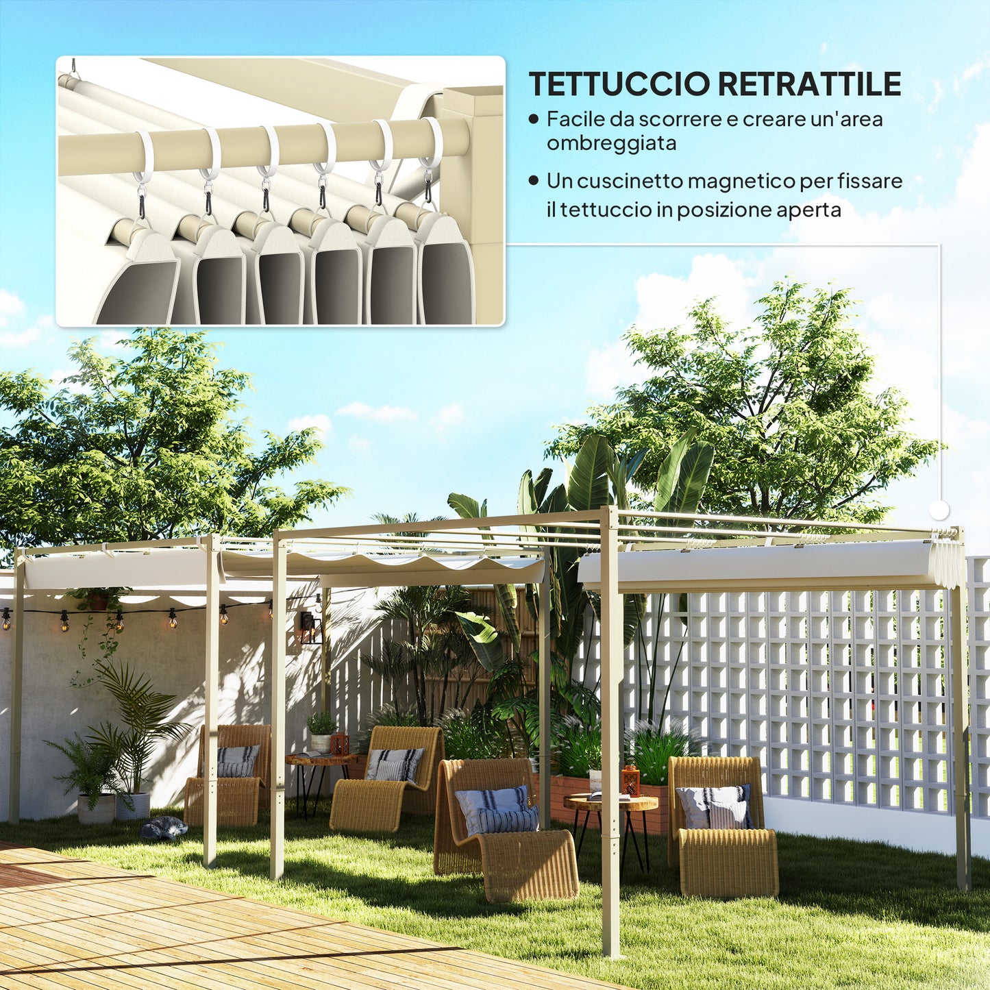 Gazebo Pergola 3x3 m with Retractable Roof, 8 Screws and 8 Pegs, in 180g Polyester and Metal, Khaki