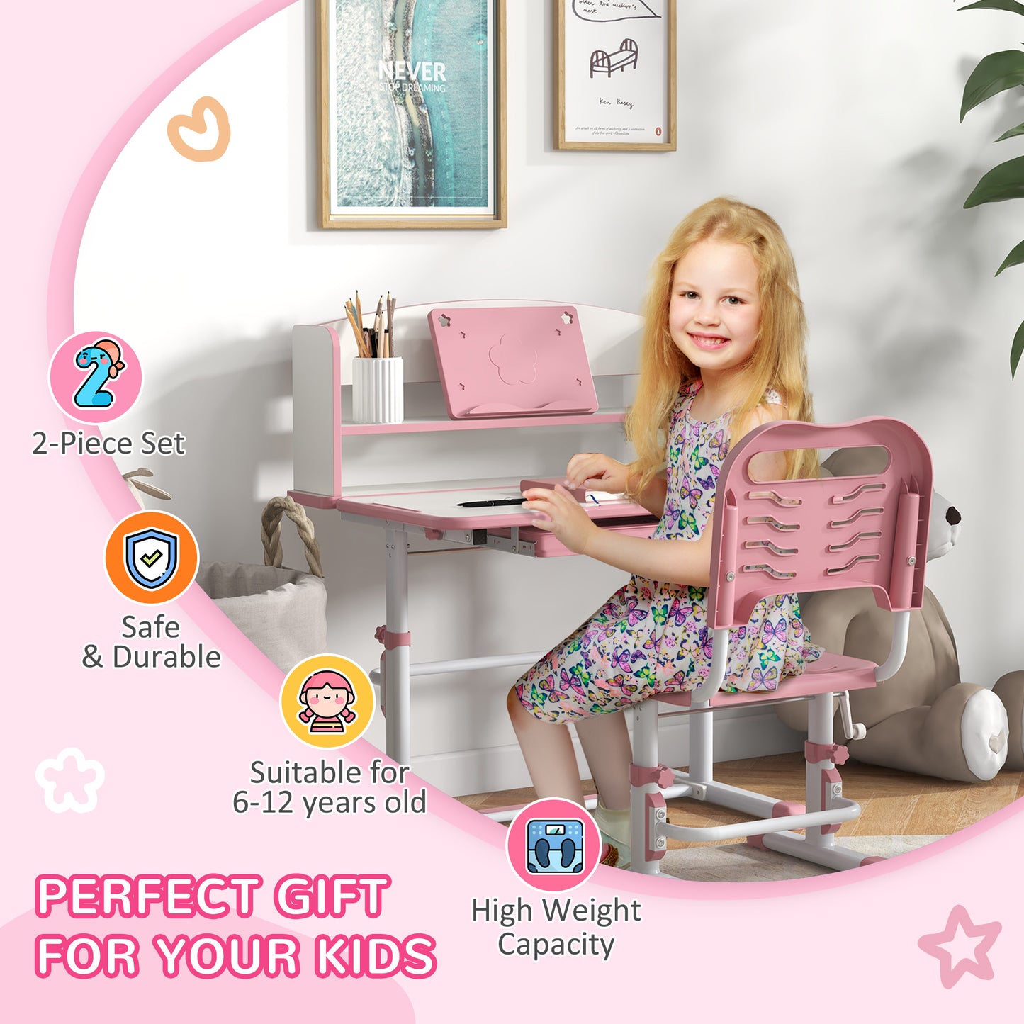 Zonekiz set for children's desk with height adjustable chair and tilting plan, age 6-12 years, pink - Borgè