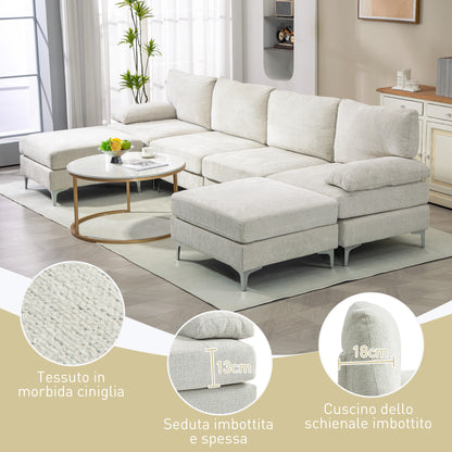 CHIARO | 4 Piece Modular Sofa with Footrest and Cushions, in Chenille Effect Fabric, 313x149x88 cm, Cream White