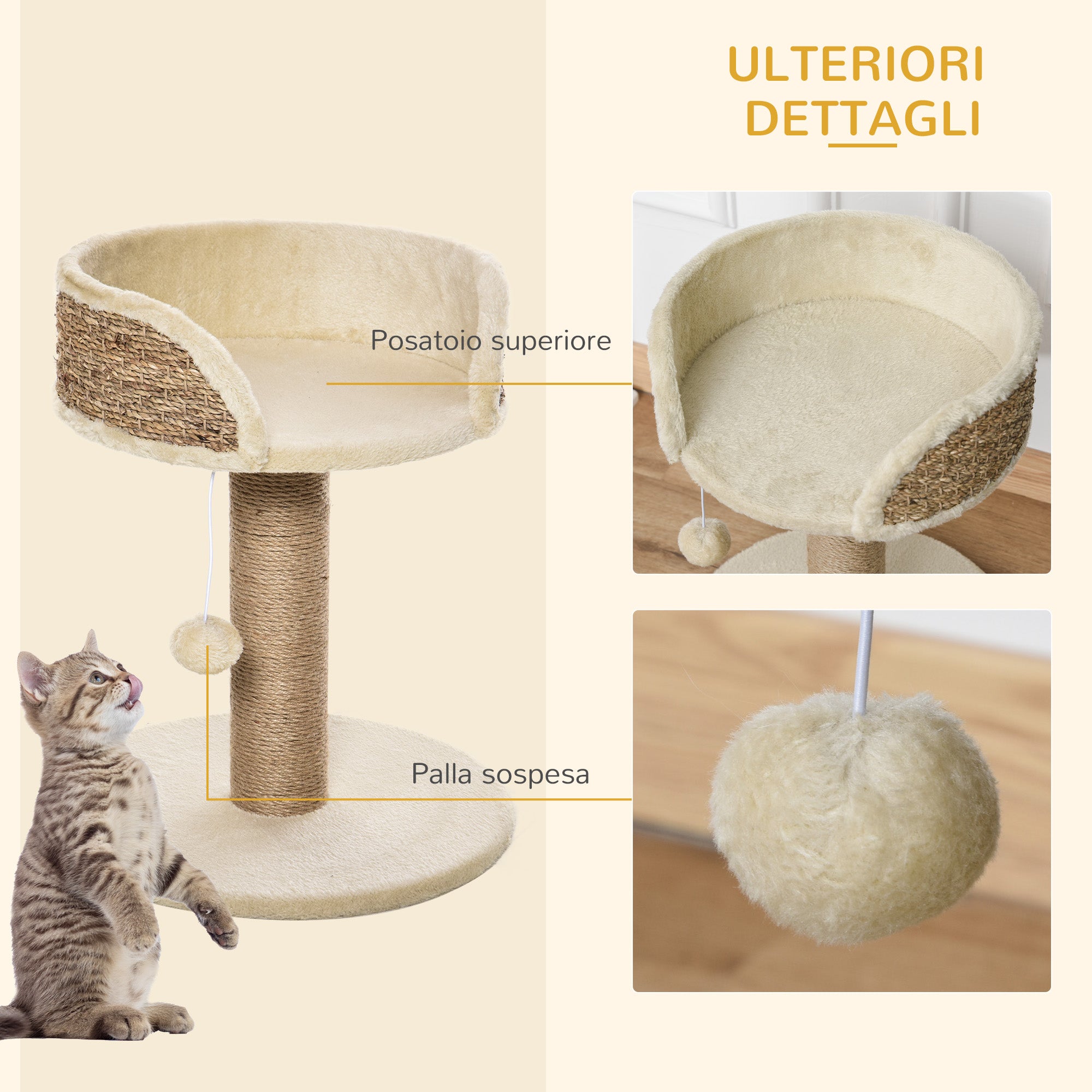 PawHut Scratching Post for Cats with Bed, Jute Pole and Hanging Ball, 40x40x49cm, Beige - Borgè