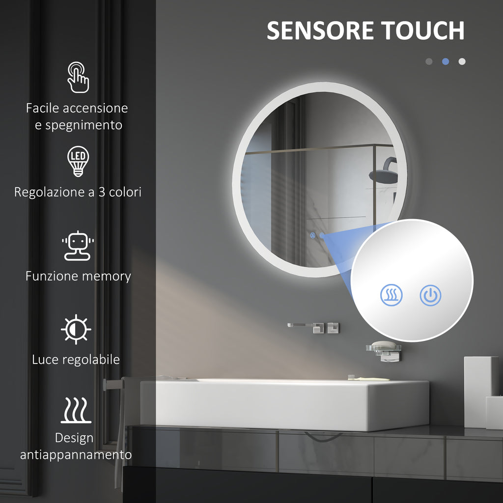 Bathroom Mirror with Adjustable LED Lights, Touch Control and Anti-Fog Design, Ø60 cm