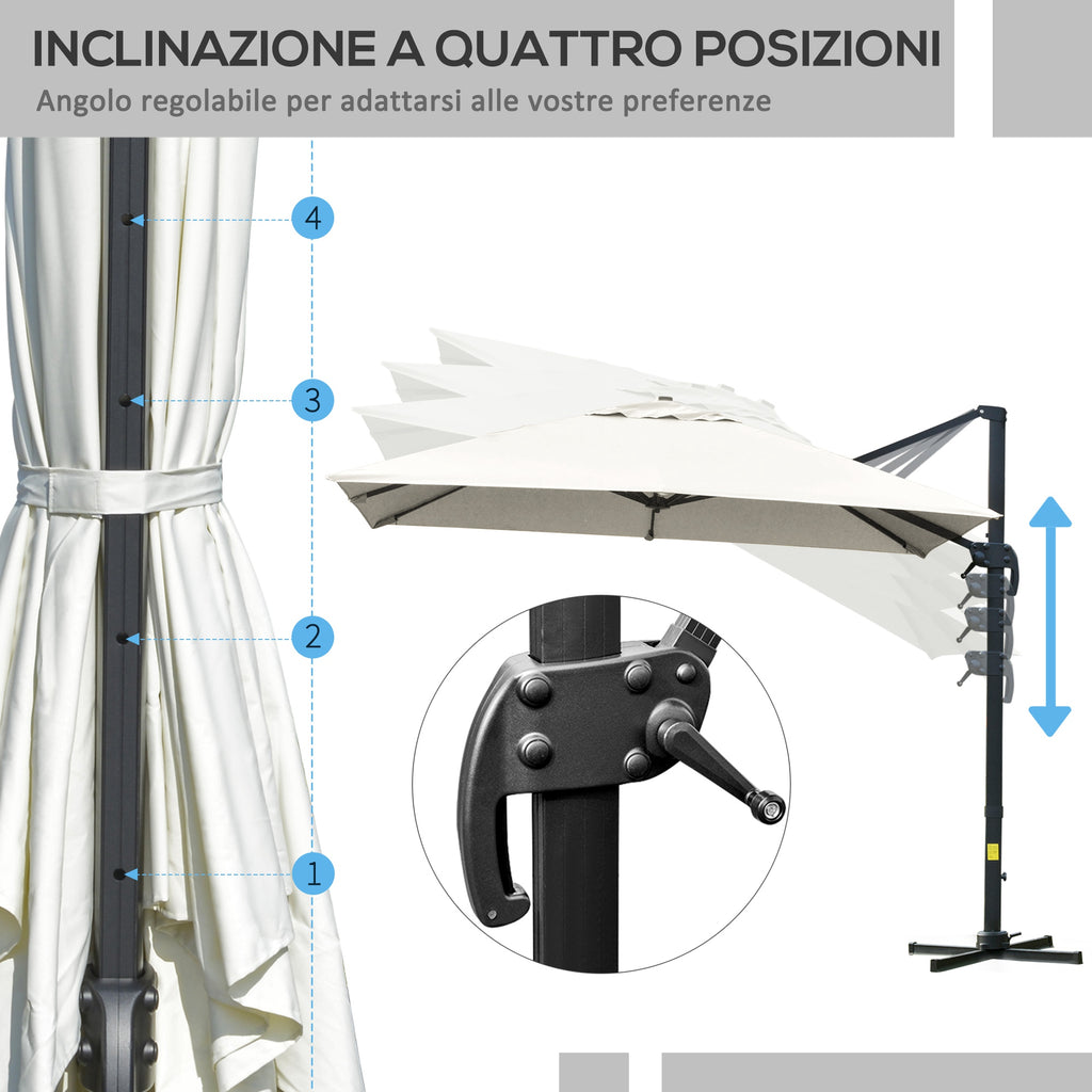 3x3m Cantilever Umbrella Tiltable with Crank and Cross Base, in Steel and Polyester, Cream White