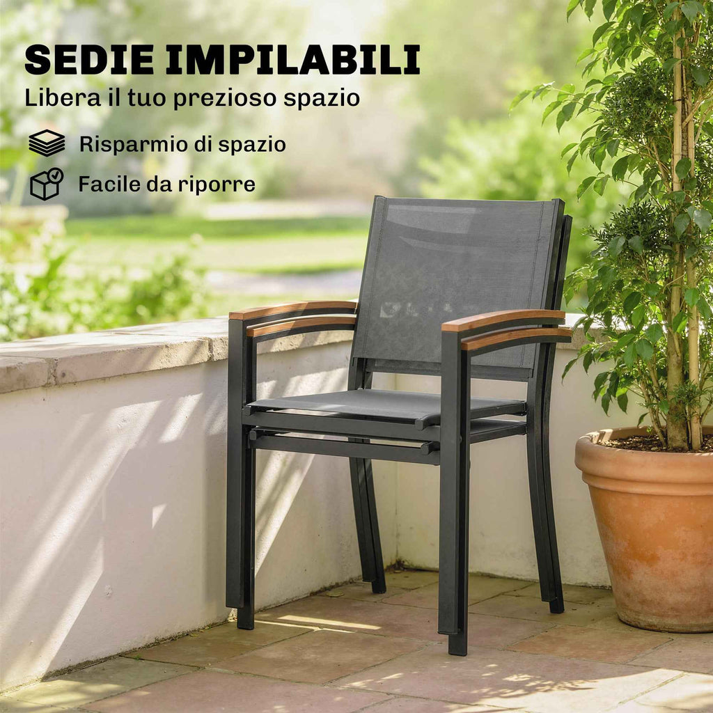 Outsunny Set of 2 Garden Chairs in Texteline and Metal with Wood Effect Armrests, 56x62x89 cm, Grey