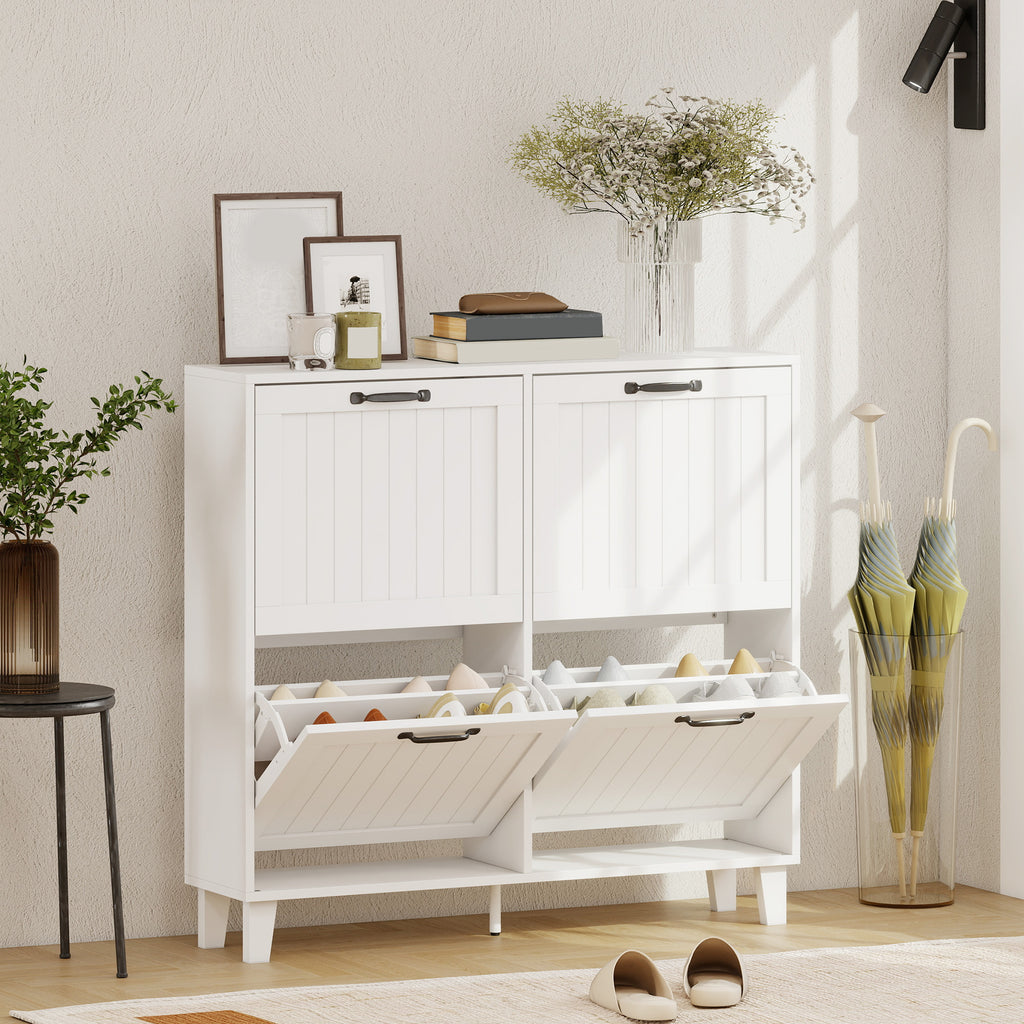 HOMCOM Shoe Cabinet, 4 Folding Drawers, Space-Saving with Adjustable Shelves, White
