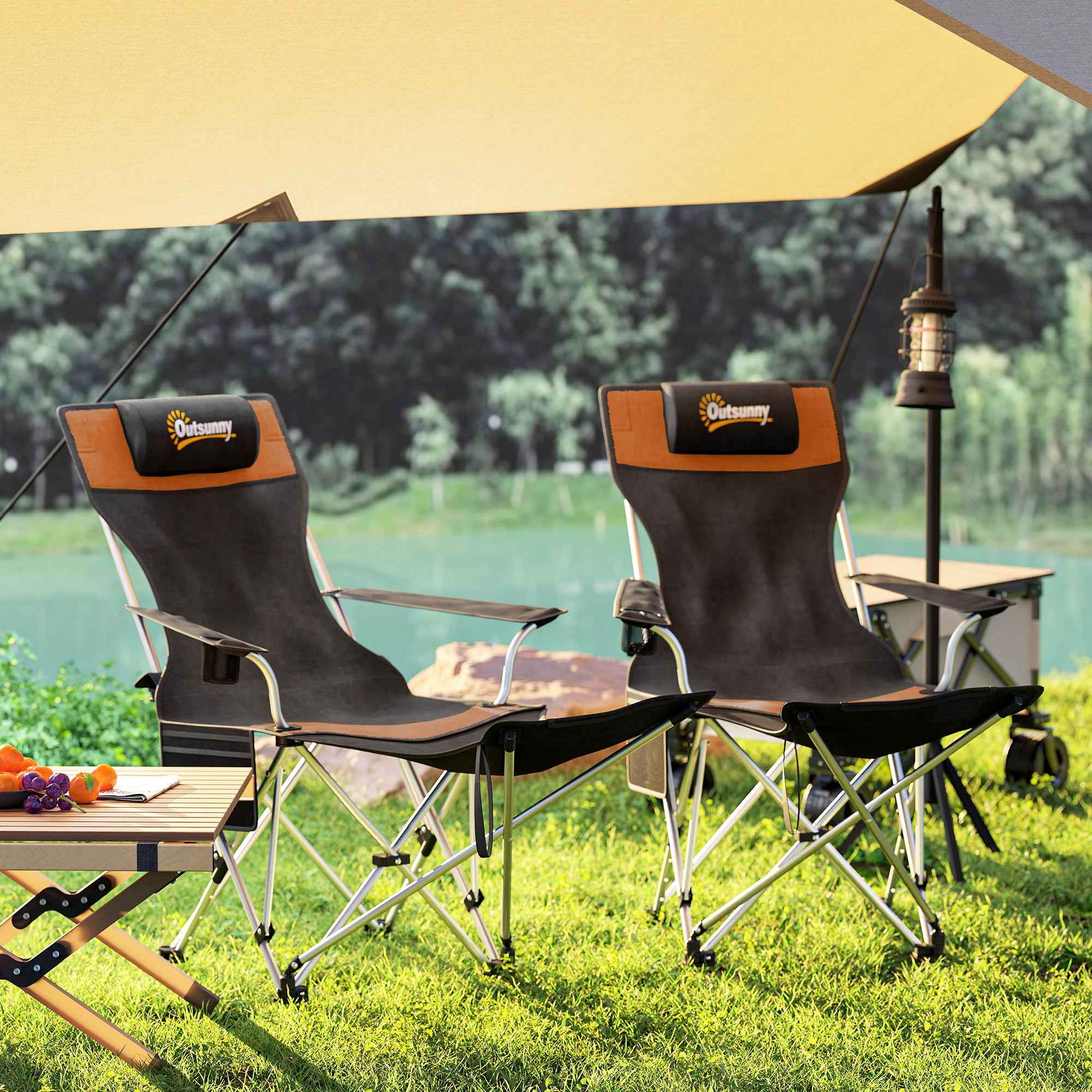 Outsunny Set of 2 Folding Camping Chairs with Footrest and Cup Holder, 82x50/100x88 cm, Black and Orange