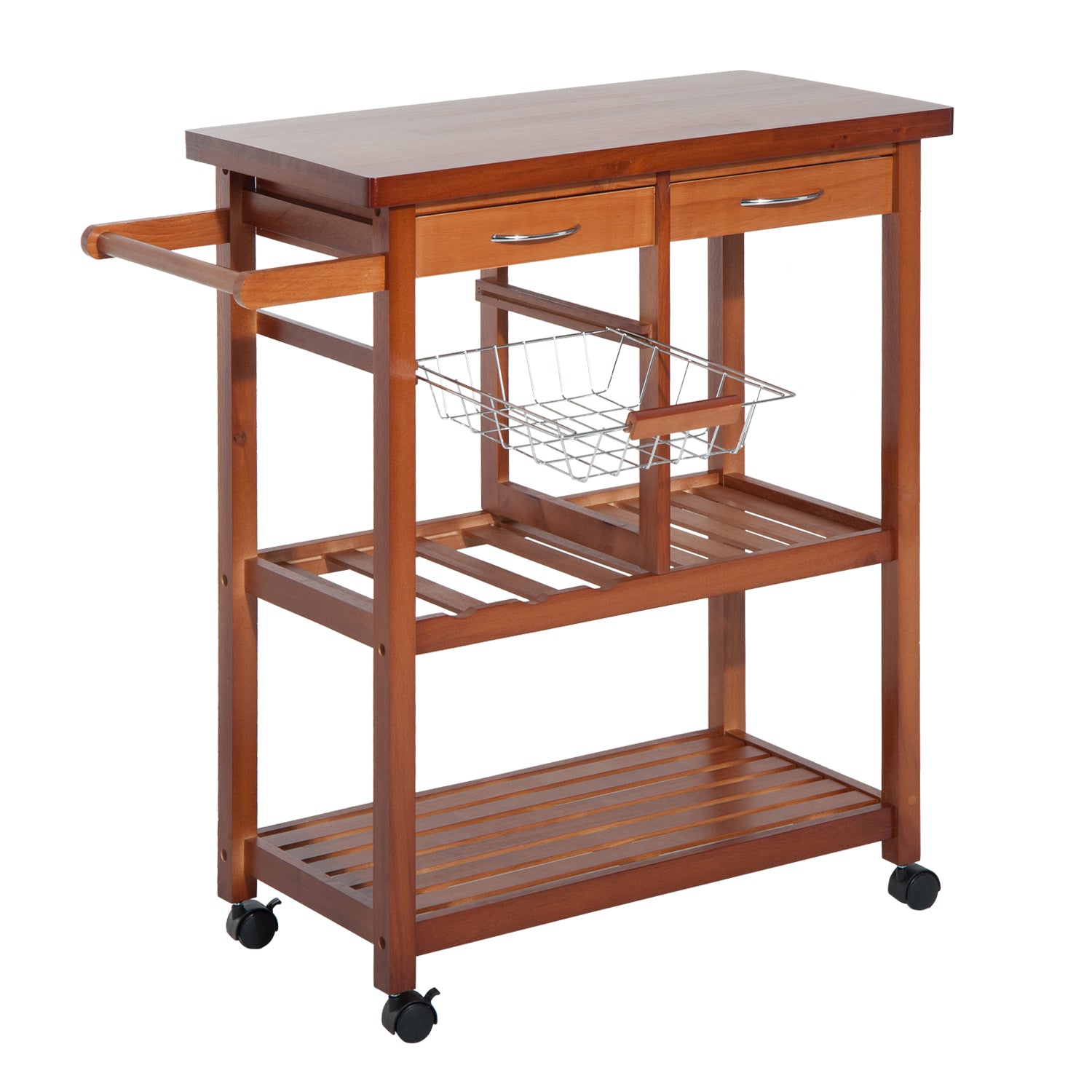 HOMCOM Wooden Kitchen Serving Trolley with Bottle Holder, Basket, 2 Shelves, 2 Drawers, Pine Wood, Durable, Easy to Use, Versatile, 84.5x37.2x85 cm