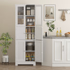 Bathroom Cabinet Column with 3 Cabinets and Glass Doors and Shutters, 60x30x170.5cm, White