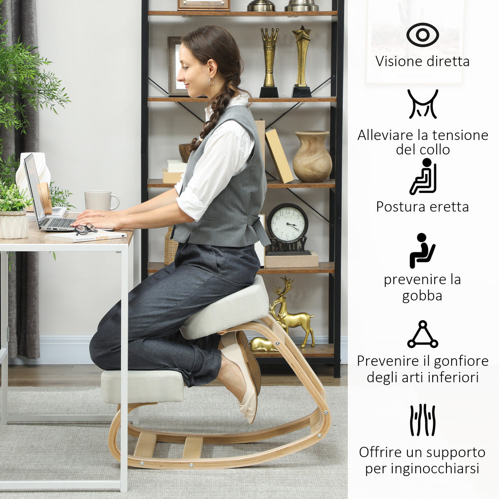 Ergonomic Chair with Birch Wood Kneeler and Cushion, 51x69x58 cm, Cream