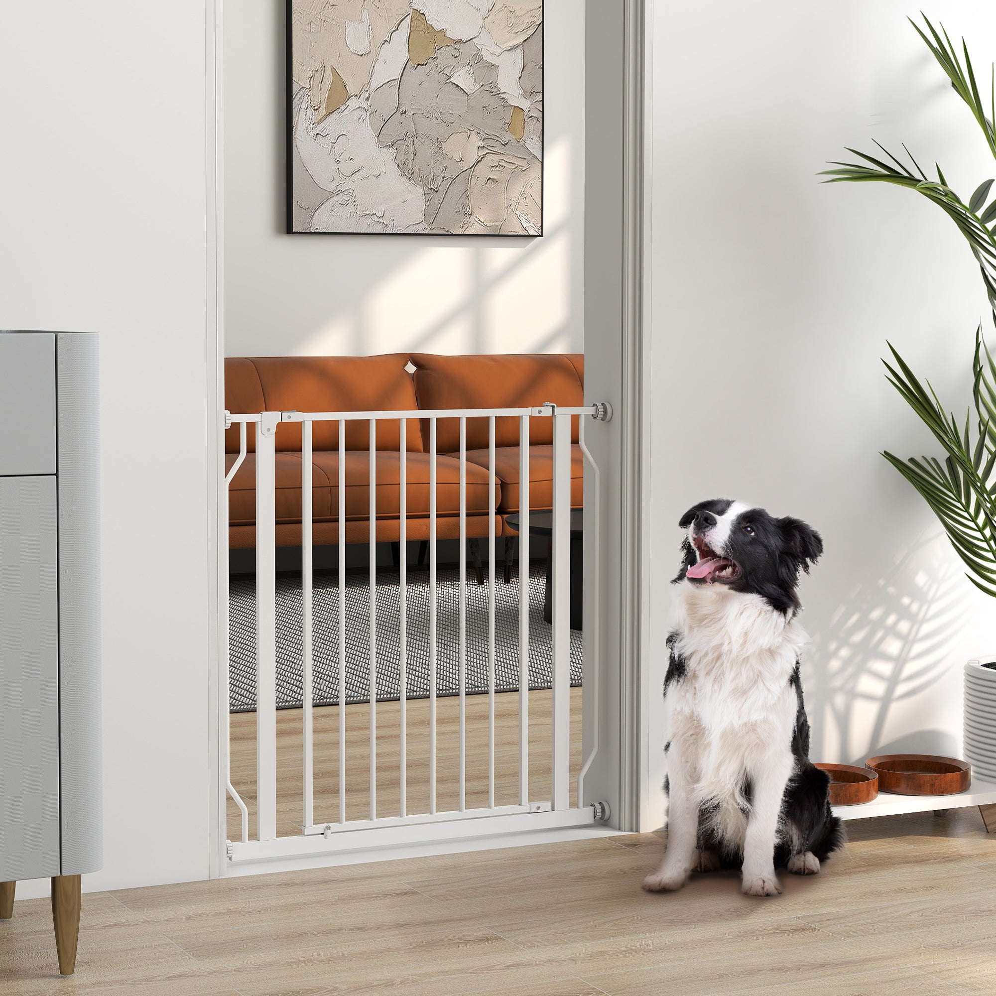 Extendable and Adjustable Dog Gate for Stairs and Doors, Made of Steel and ABS, 75-85x76 cm, White