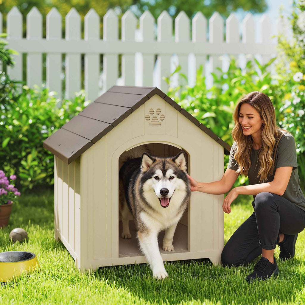 PawHut Raised Dog Kennel with Sloped Roof and Air Vents, PP, 102x94x103 cm, Beige and Dark Brown