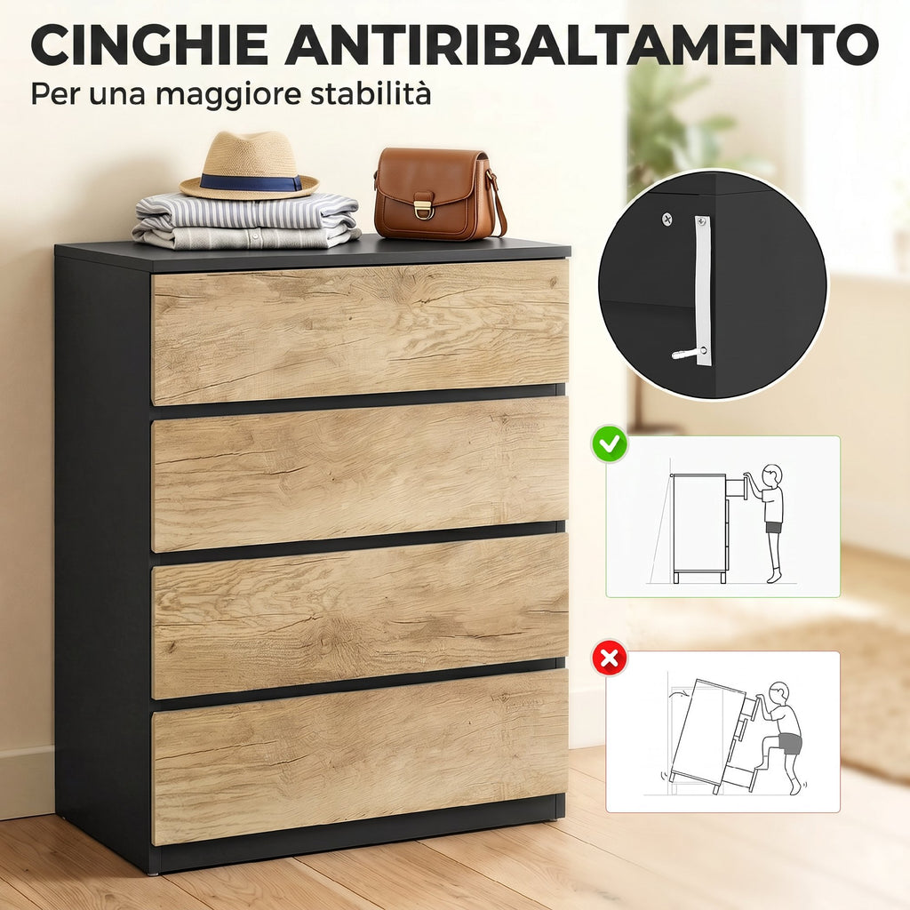 HOMCOM 4-Drawer Wooden Chest of Drawers with Metal Rails and Grooved Handles, 60x40x80 cm, Black and Oak