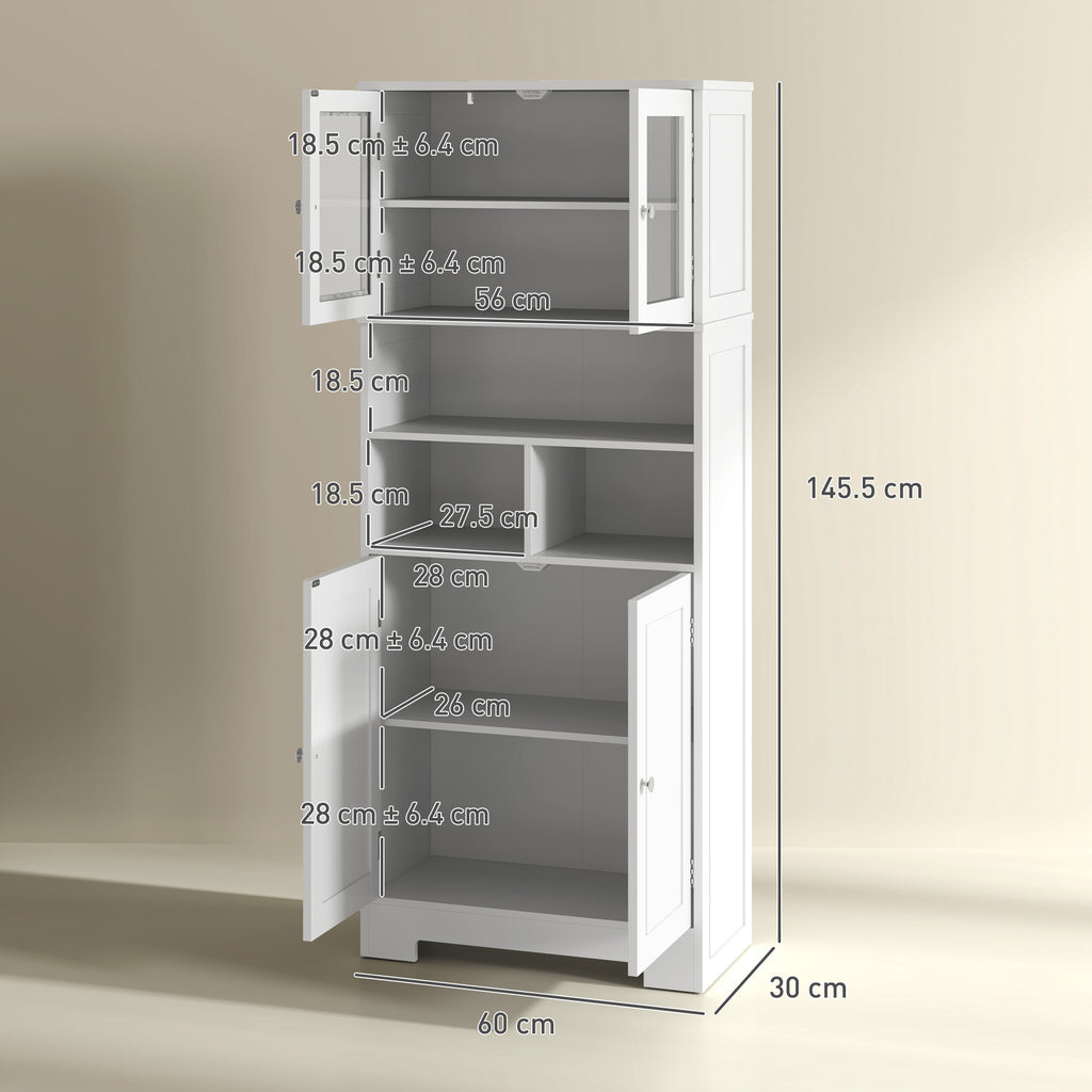 Kitchen Sideboard with 2 Cabinets and 3 Open Compartments, Glass Doors and Adjustable Shelves, 60x30x145.5 cm, White
