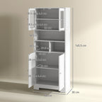 Kitchen Sideboard with 2 Cabinets and 3 Open Compartments, Glass Doors and Adjustable Shelves, 60x30x145.5 cm, White