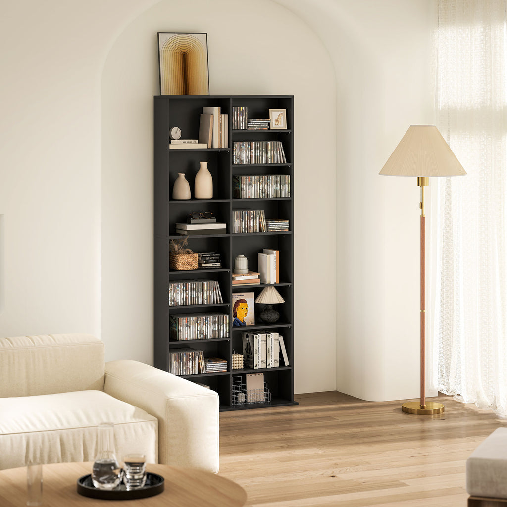 CD Rack with 14 Adjustable Shelves, 640 CDs/360 DVDs Capacity, 78.5x24x175 cm, Black