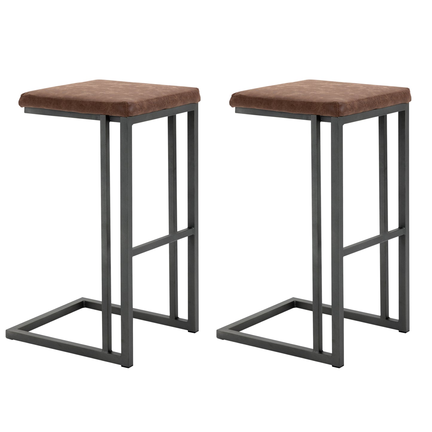 Set of 2 Bar and Kitchen Stools, Padded Stools Vintage Industrial Style Design, Faux Leather and Metal, Brown