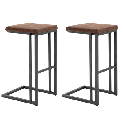 Set of 2 Bar and Kitchen Stools, Padded Stools Vintage Industrial Style Design, Faux Leather and Metal, Brown