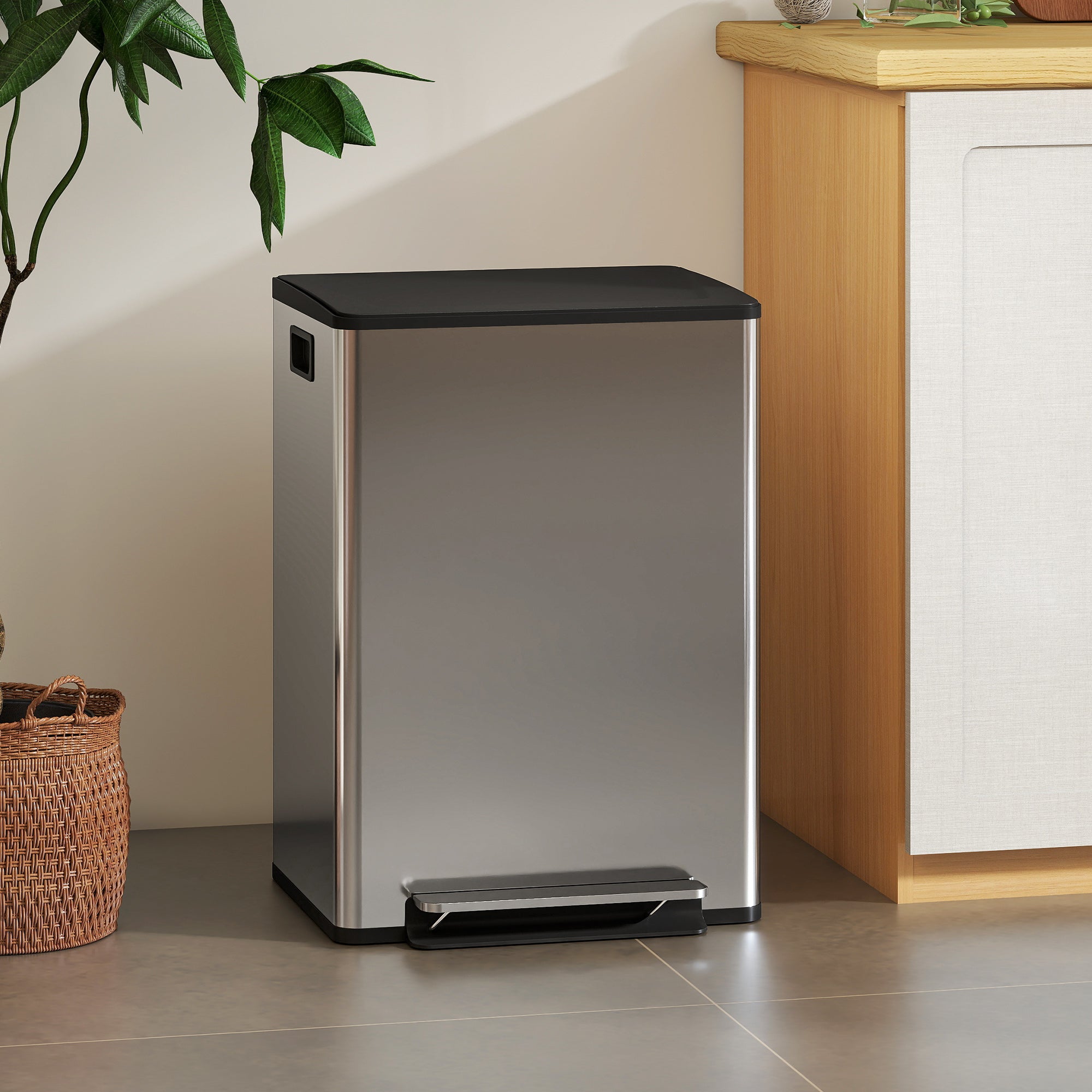 30L Pedal Bin with 2 Compartments, Cushioned Lid and Removable Buckets, Stainless Steel, Silver