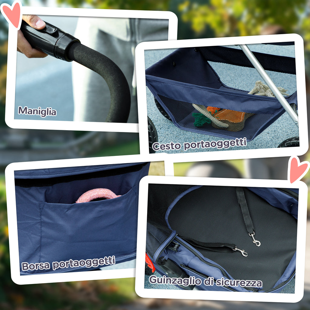 3 in 1 Foldable Dog Stroller with Carrying Bag and Bottom Basket, Blue