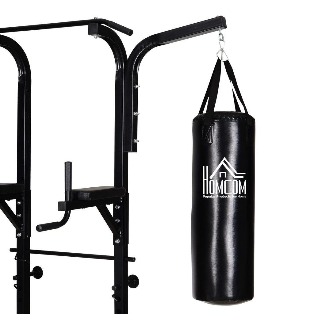 Power Tower with Bench and 20kg Punching Bag, Black Steel Multi-Purpose Station for Total Body Training