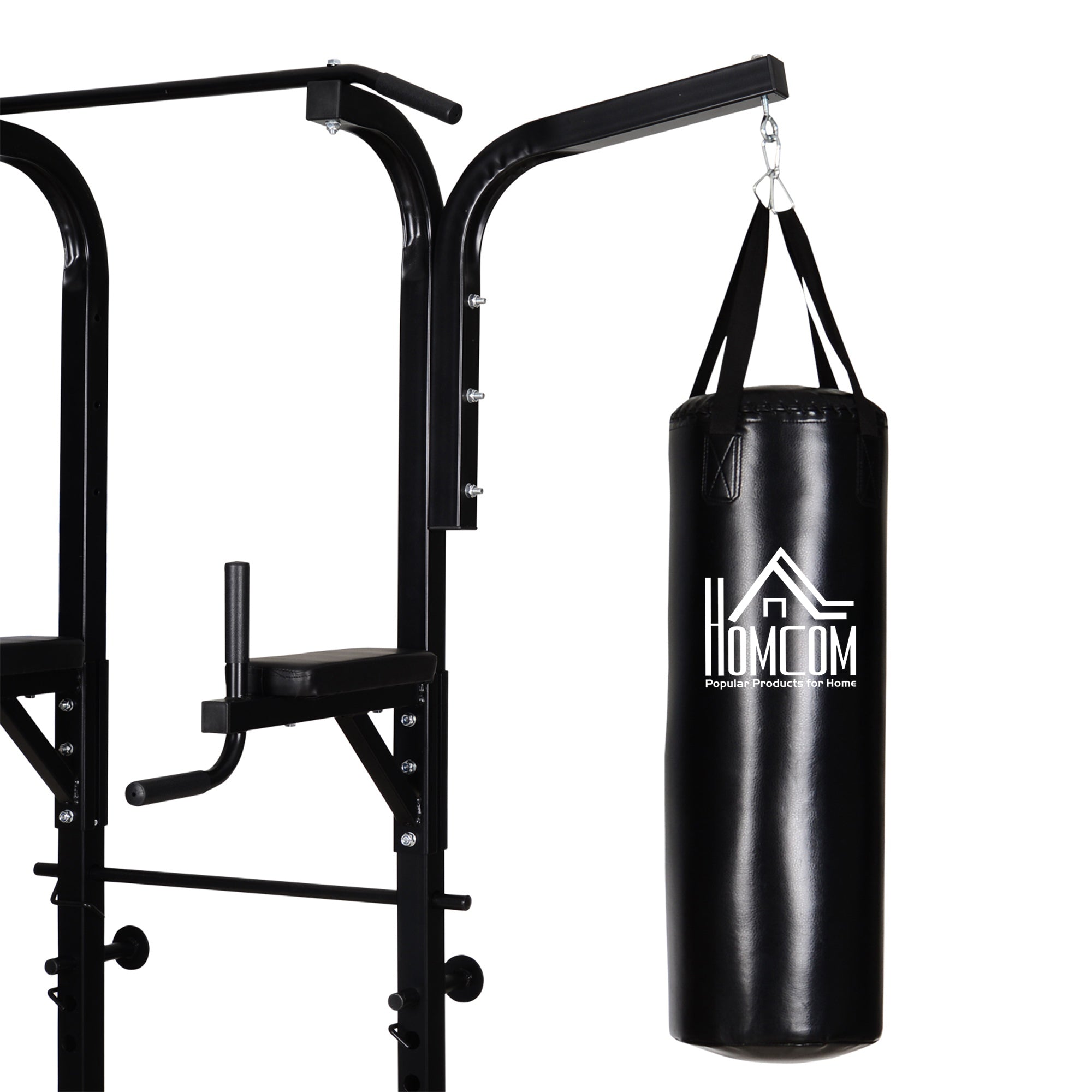 Power Tower with Bench and 20kg Punching Bag, Black Steel Multi-Purpose Station for Total Body Training