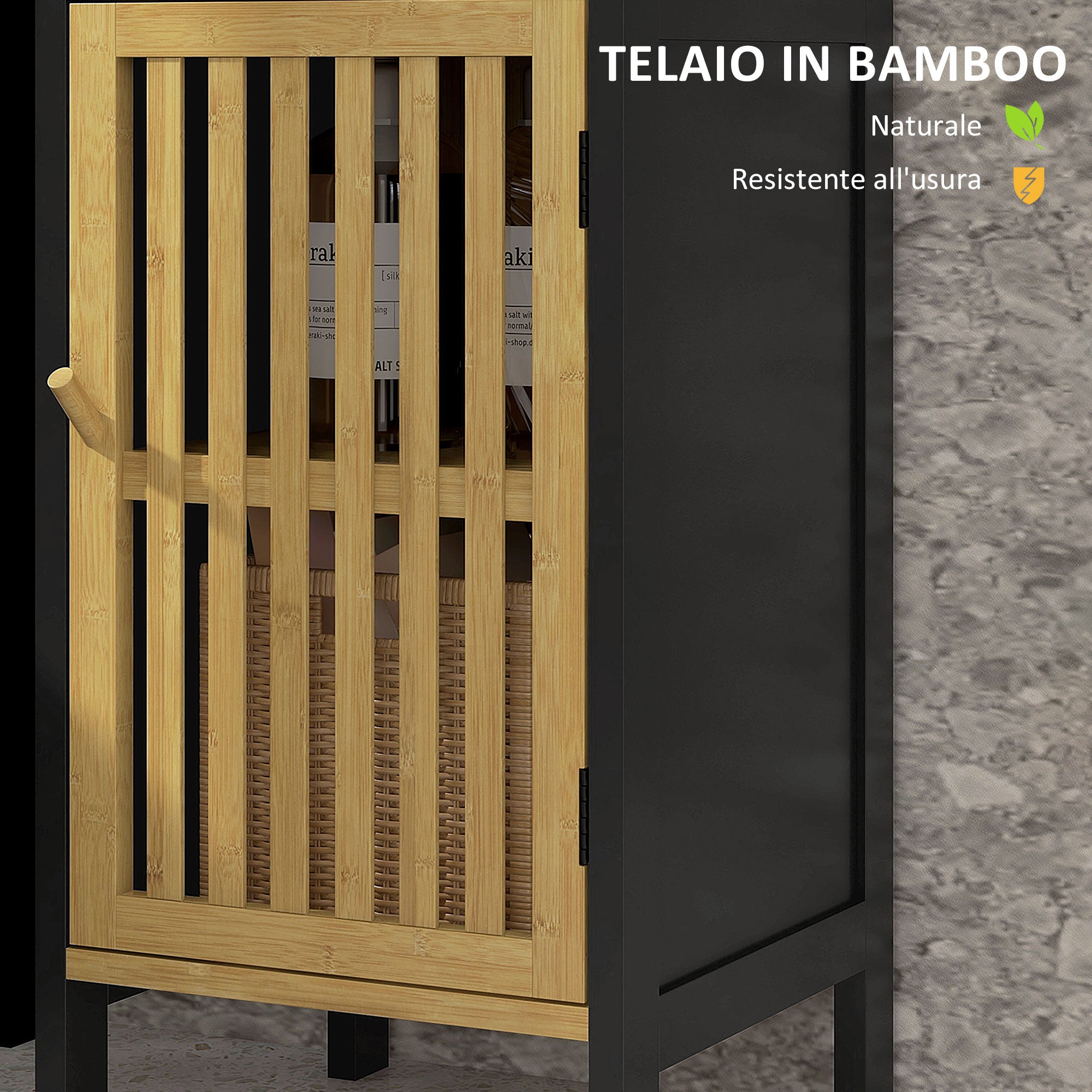 HOMCOM Bathroom Cabinet with Open Shelf and Cabinet, in MDF and Bamboo, 32x30x90.5 cm, Black and Wood Color - Borgè