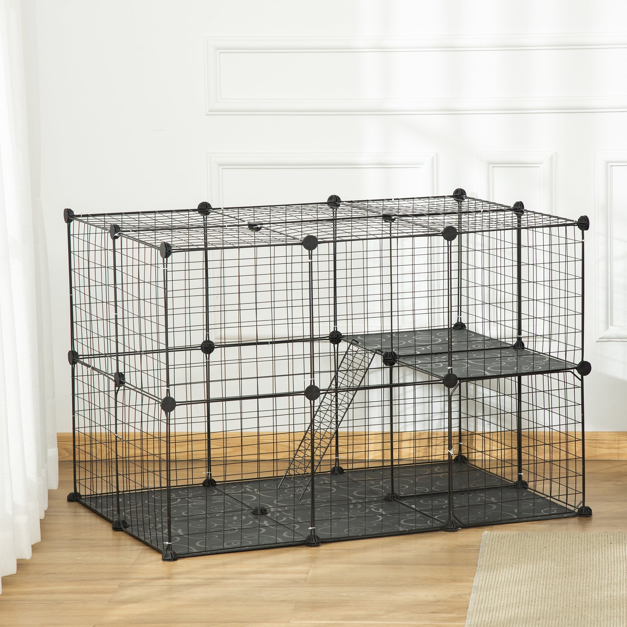 Modular Rabbit and Guinea Pig Cage with 3 Doors and Steel Wire, Black
