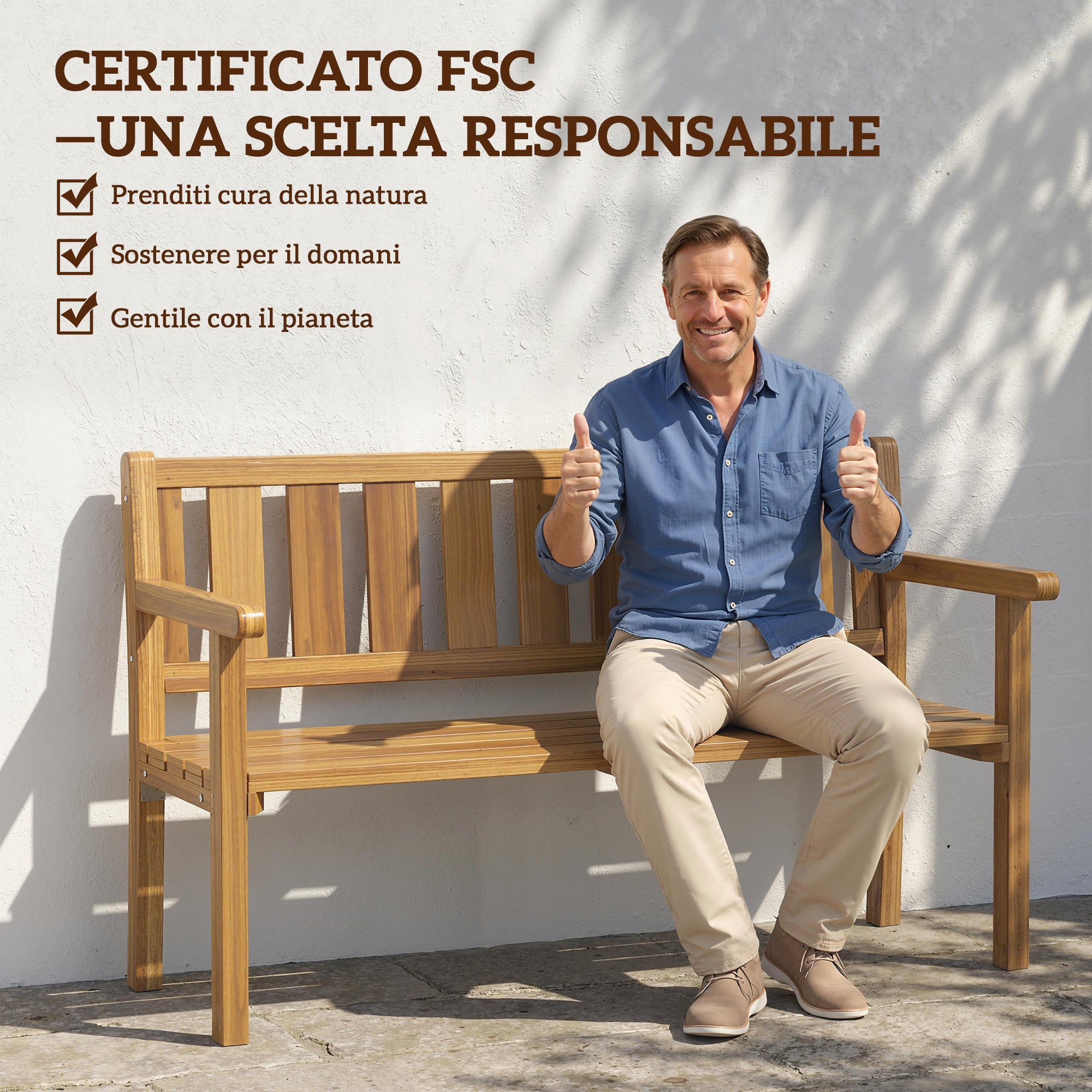 Outsunny 2-Seater Garden Bench in Slatted Fir Wood, 150x57x93 cm, Teak Color