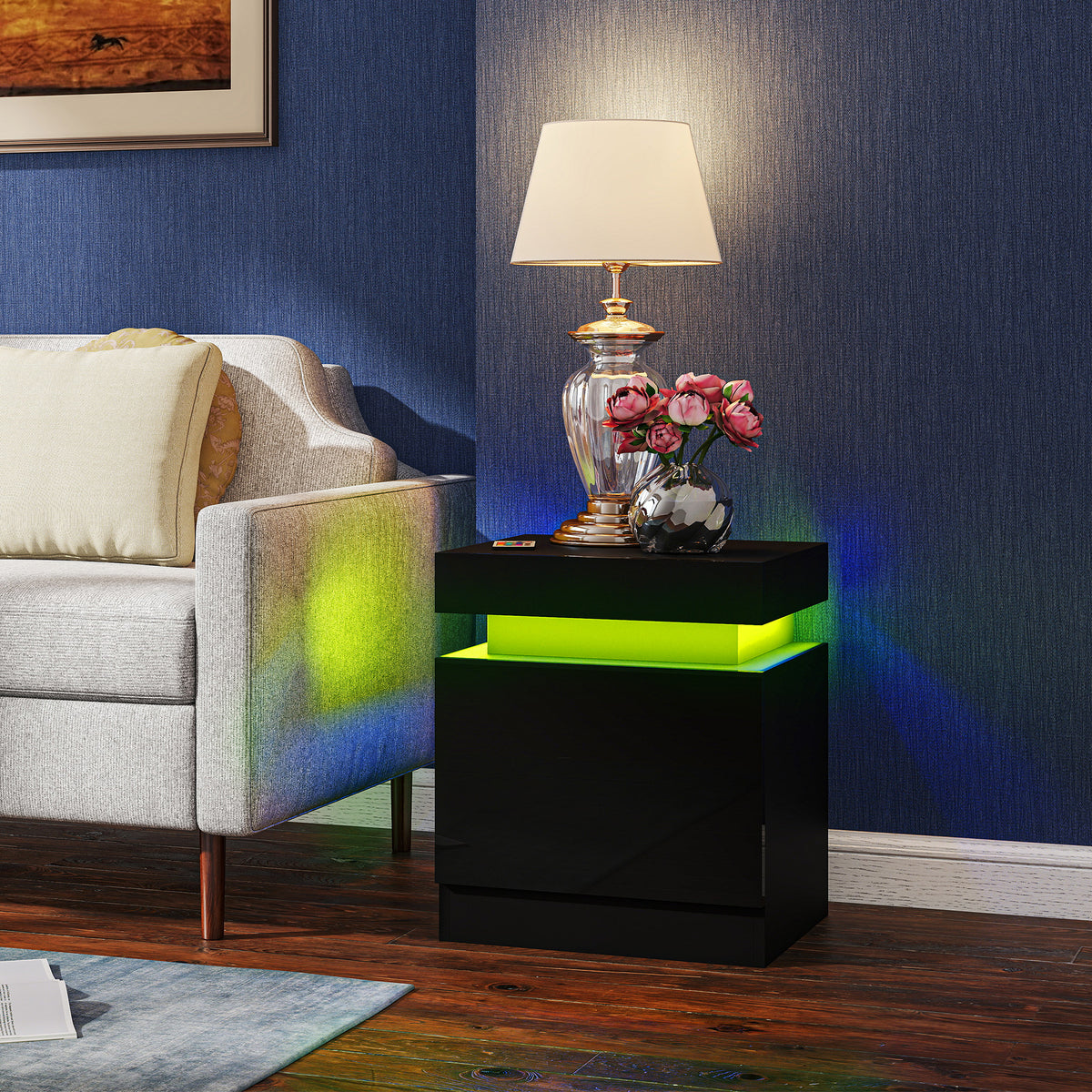 HOMCOM Set of 2 LED Nightstands with 16 Colors and 4 Modes and 2 Drawers, Wooden, 45x35x52 cm, Black
