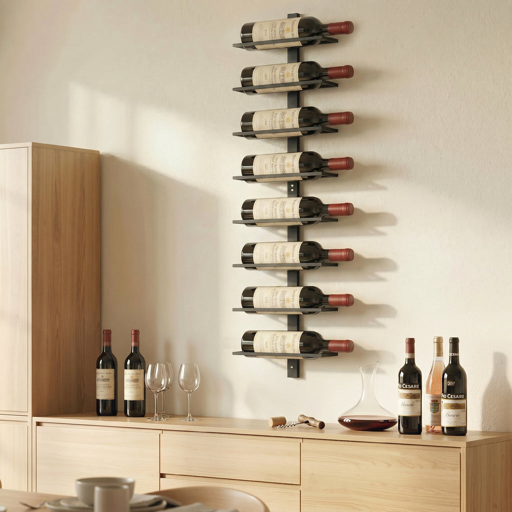 HOMCOM Wall-Mounted Steel Wine Rack for 8 Bottles, Kitchen and Living Room, 27 x 10 x 93.5 cm, Black
