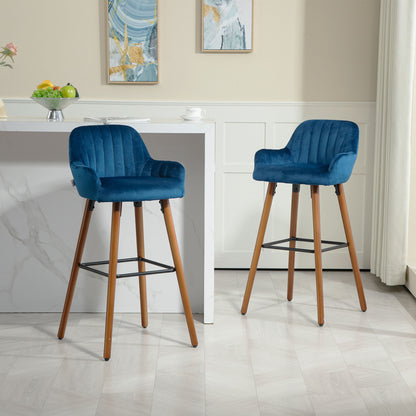 Set of 2 Modern Velvet Bar Stools with Backrest and Armrests, Wooden Base and Footrest, Dark Blue