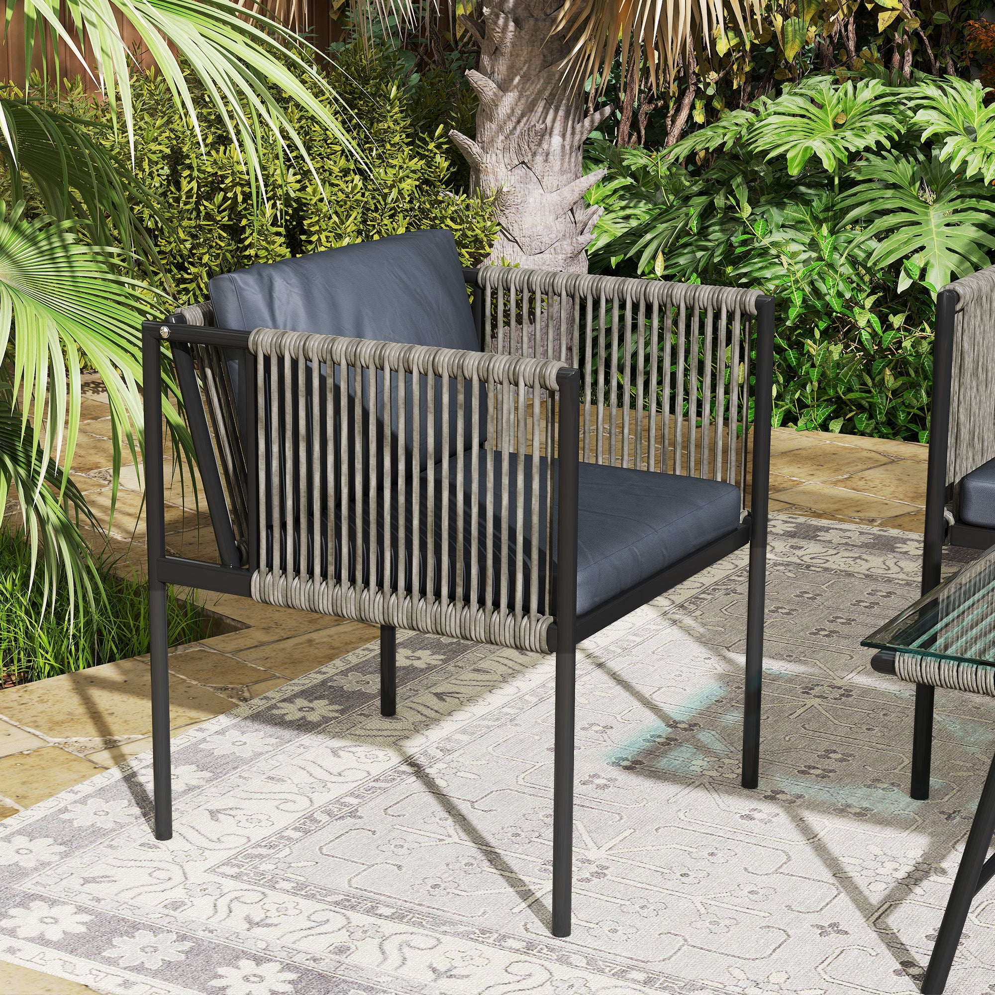Rattan Garden Lounge Set with 2 Armchairs, 2 Seater Sofa and Glass Coffee Table, Grey