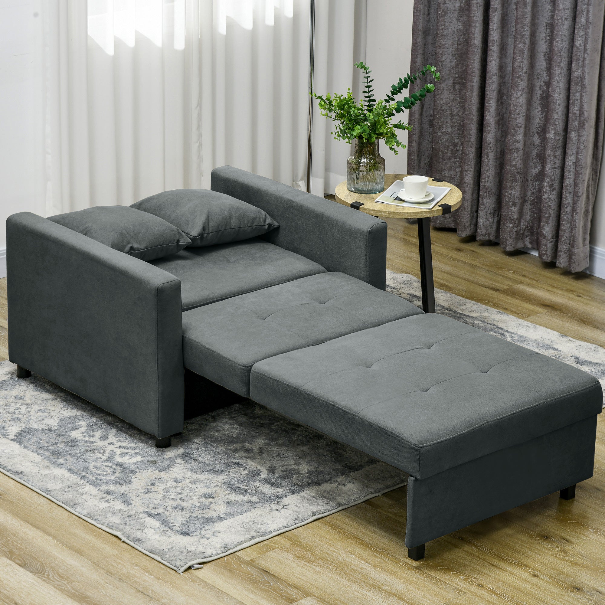 Grey Velvet Fabric Armchair Bed with 2 Cushions and Storage Space, 100x98x88 cm