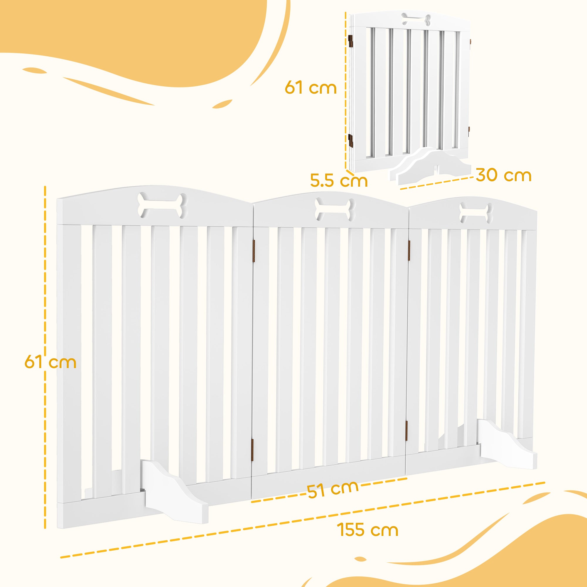3-Panel Folding Dog Gate with 2 Stands, White Wood, 155x30x61 cm