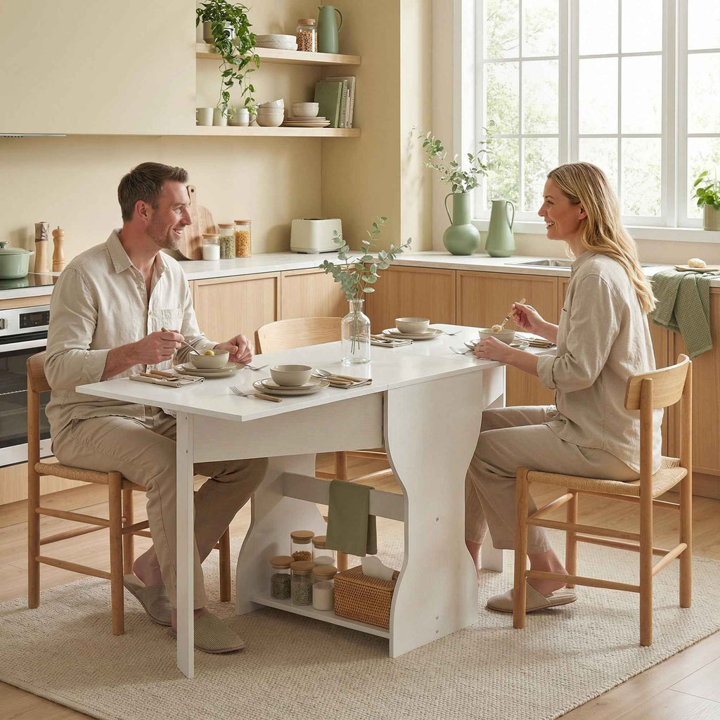 HOMCOM Folding Dining Table for 4 People with Shelf, Wooden, 160x60x75 cm, White