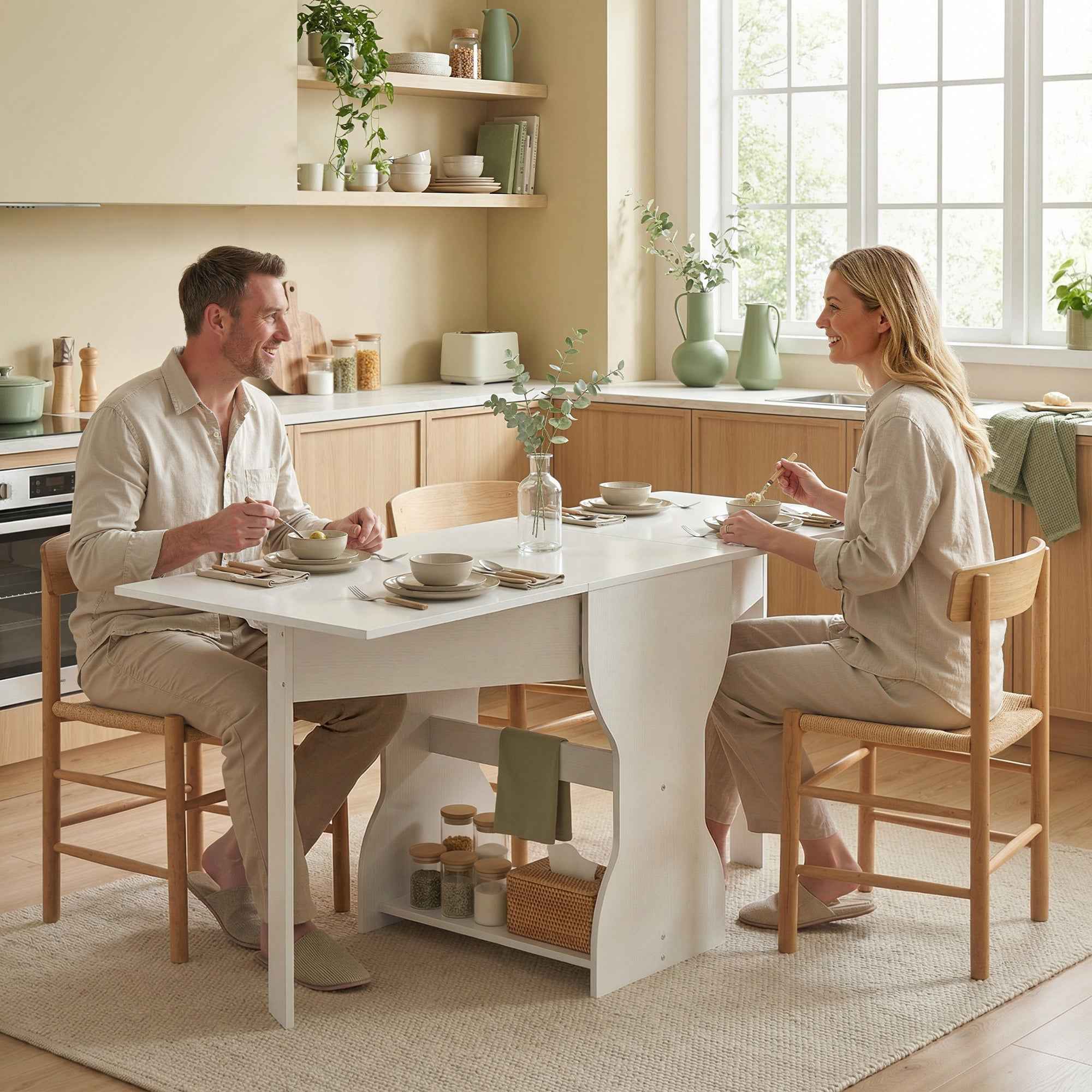 HOMCOM Folding Dining Table for 4 People with Shelf, Wooden, 160x60x75 cm, White