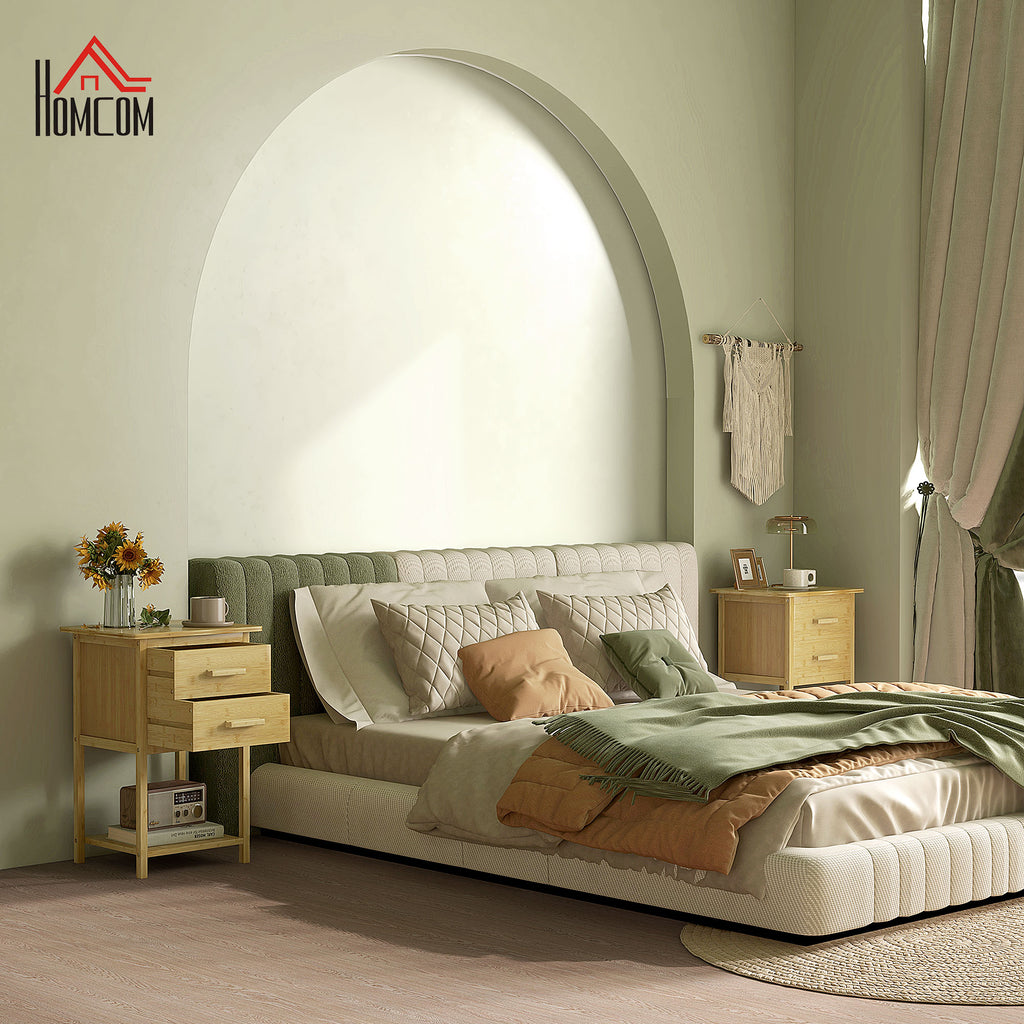 HOMCOM Set of 2 Bedside Tables with 2 Drawers and Lower Shelf in Nordic Style, in Bamboo, 40x34x60 cm - Borgè