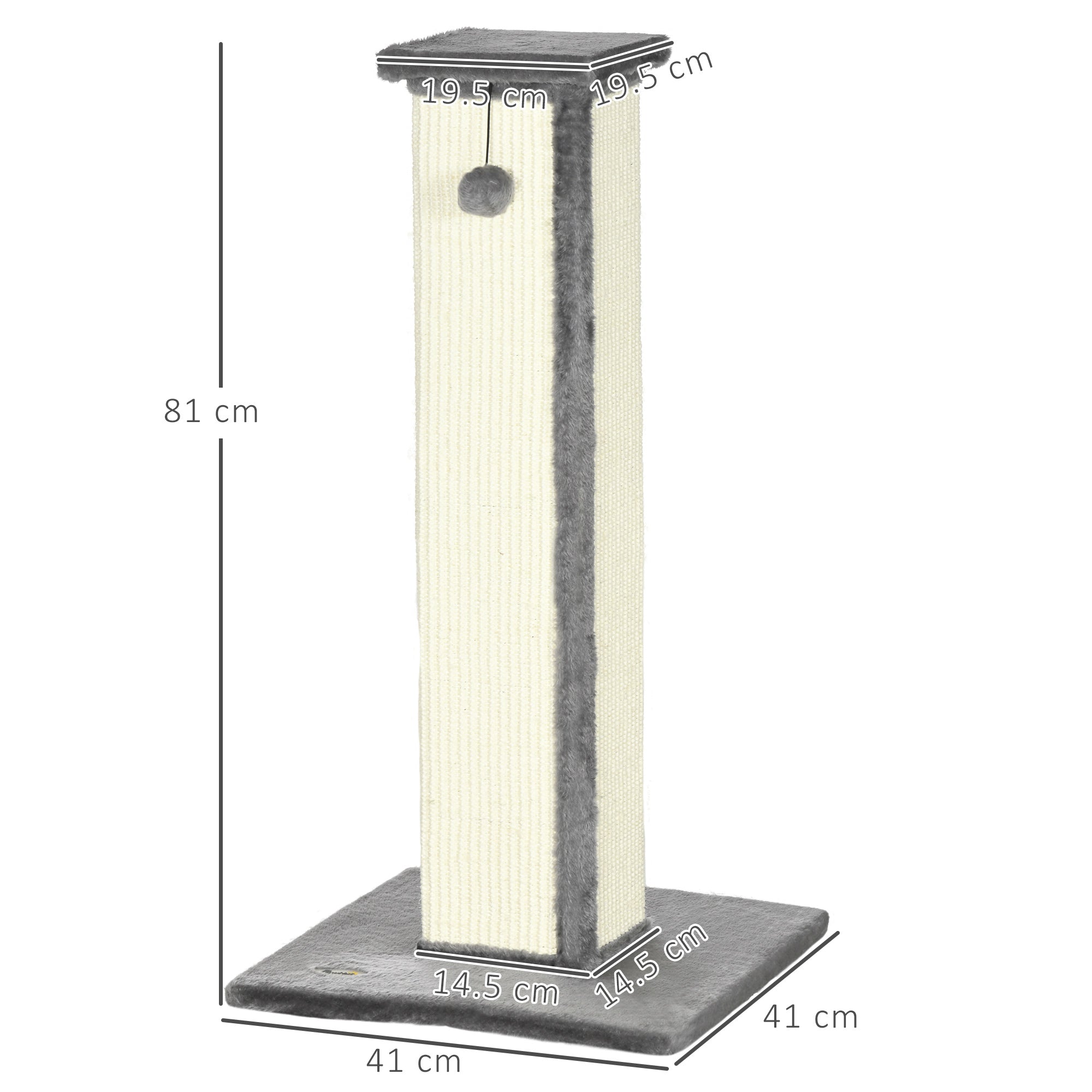 Scratching Post for Cats with Ball, Sisal Pole and Plush Cover, 41x41x81 cm, Gray