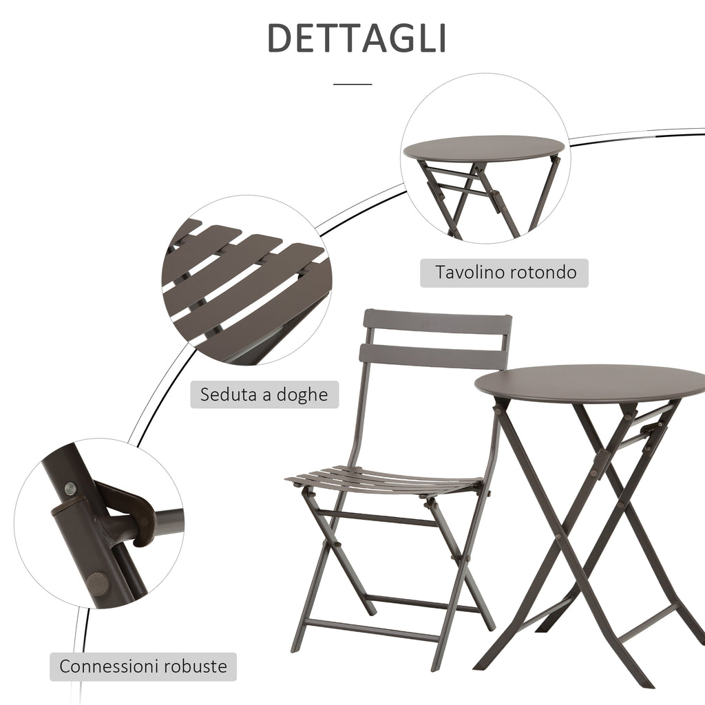 3-Piece Folding Garden Table and Chairs Set, Brown Steel, for Balcony, Terrace, Outdoor