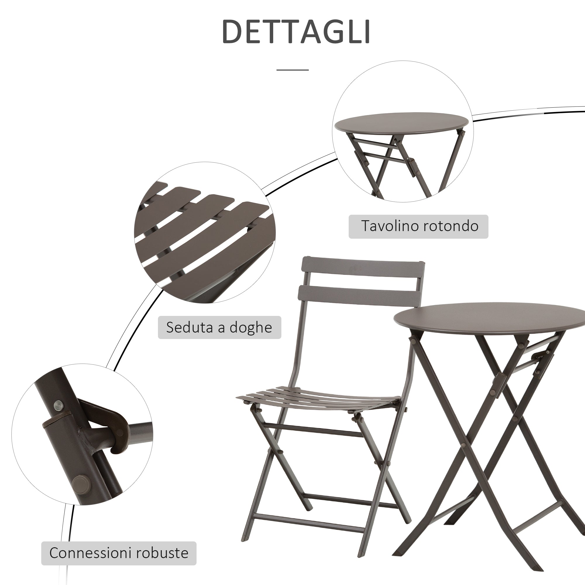 3-Piece Folding Garden Table and Chairs Set, Brown Steel, for Balcony, Terrace, Outdoor