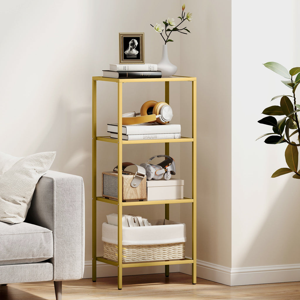 Minimalist 4-Tier Metal and Tempered Glass Shelf Unit, 40x30x96.5 cm, Gold