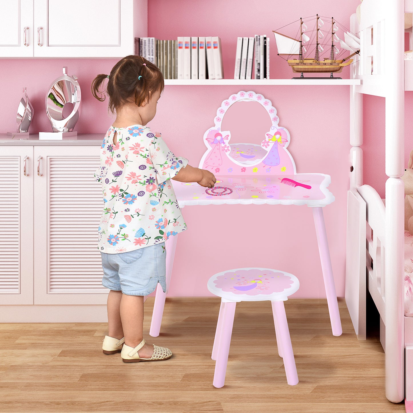 Children's Dressing Table with Wooden Stool, Make-Up Table with Modern Mirror and Drawer, 59W x 39D x 77H cm, Pink