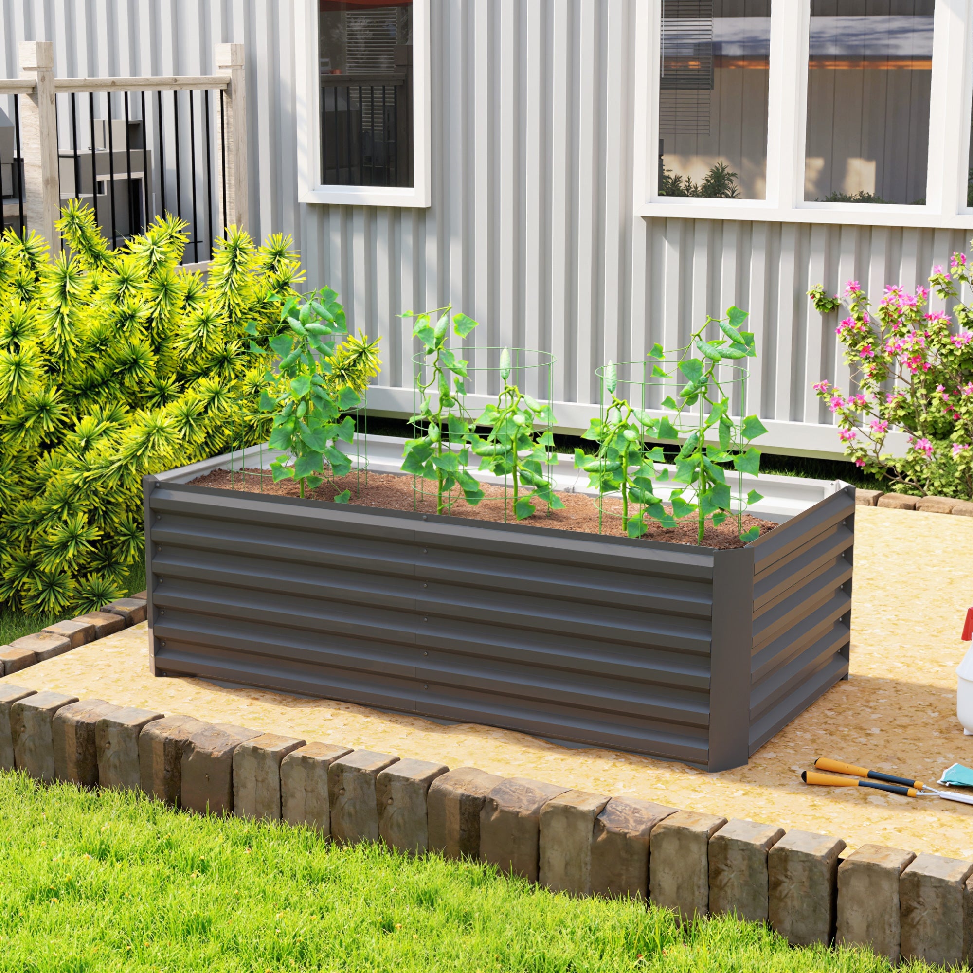 Outsunny Raised Garden Bed with Open Bottom and Rounded Edges, 180x90x57.5 cm, Dark Grey