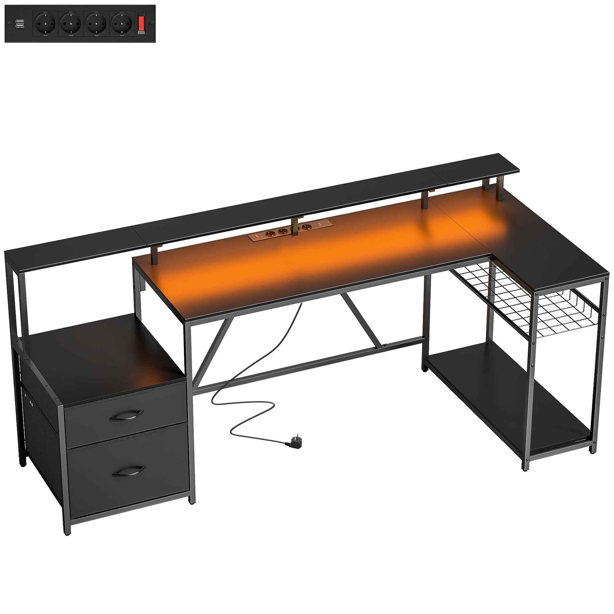 Corner Gaming Desk with Charging Hub, LED Lights and Monitor Stand, Wood and Steel, 192.5x80x86.5 cm, Black