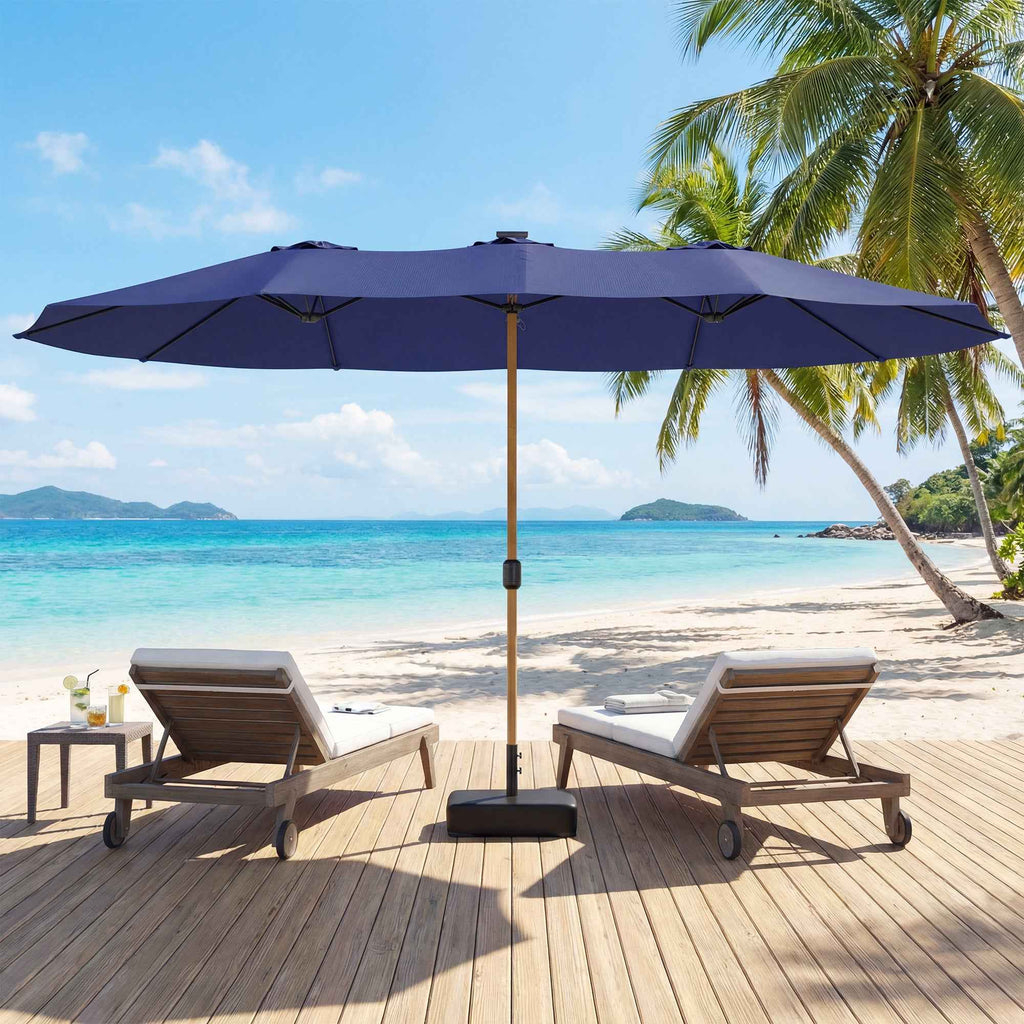 Outsunny 12-Ribbed Double Umbrella with Crank Handle, Cross Base and Sandbags, 4.7 x 2.8 m, Dark Blue