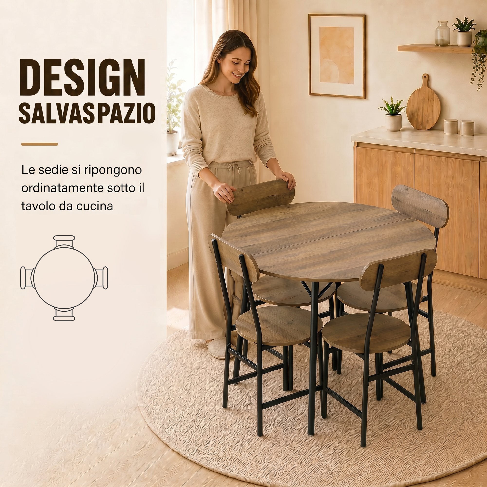 HOMCOM 5-piece dining set: table and 4 chairs, metal legs, natural finish.