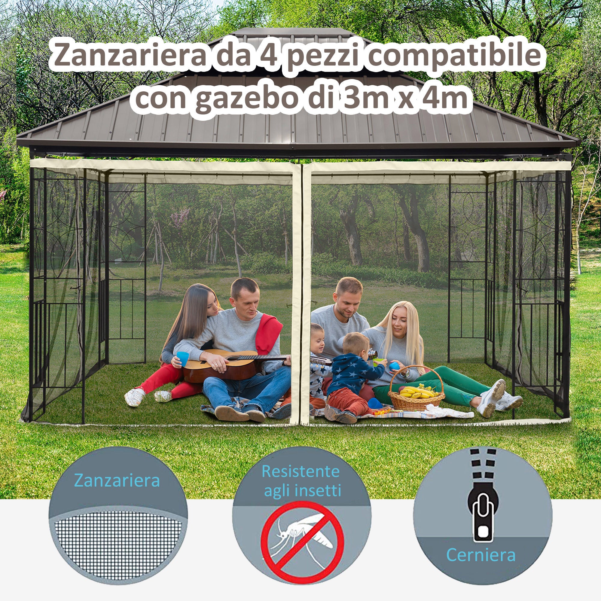 Outsunny Universal Replacement Gazebo Mosquito Net with Zippers, 352x207cm - Black and Beige