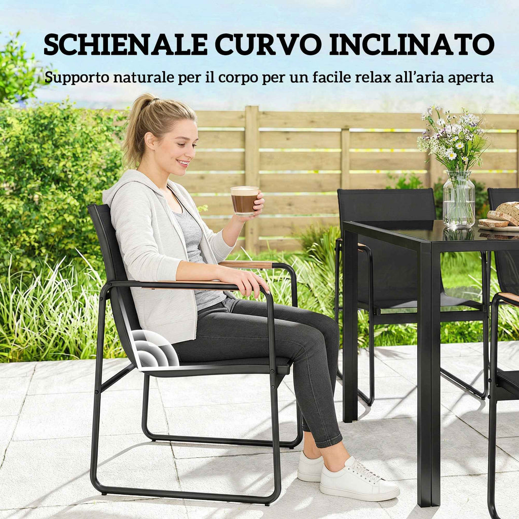 Outsunny Garden Table and 6 Chair Set with Steel and Glass Armrests, Black