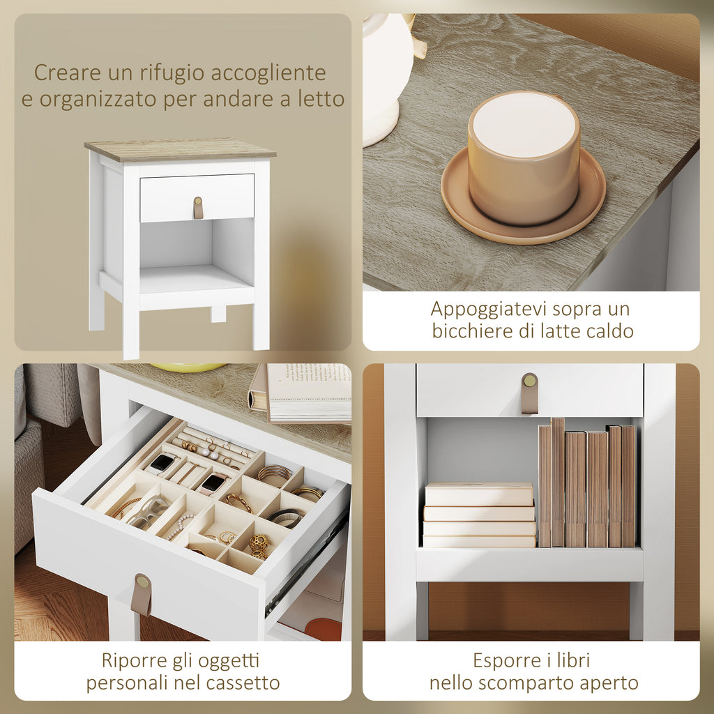 Set of 2 Wooden Bedside Tables with Drawer and Open Shelf, 45x40x55 cm, White and Oak